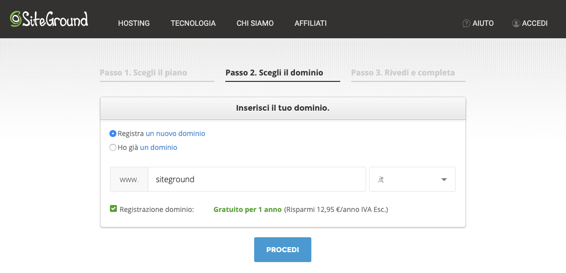 hosting wordpress di siteground scegli il dominio
