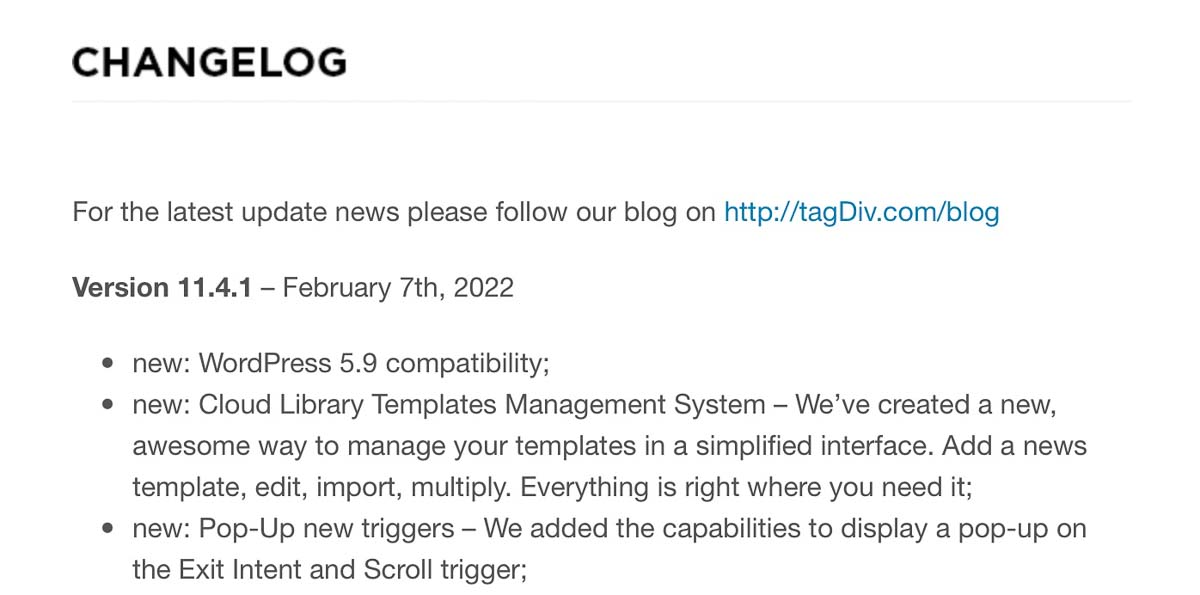 scegliere il tema per il tuo blog di viaggi WordPress su ThemeForest, l'importanza del changelog