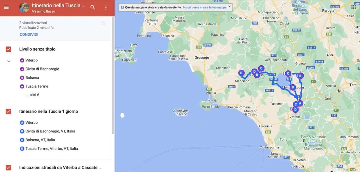 Mappa Itinerario nella Tuscia 3 giorni fra borghi e terme