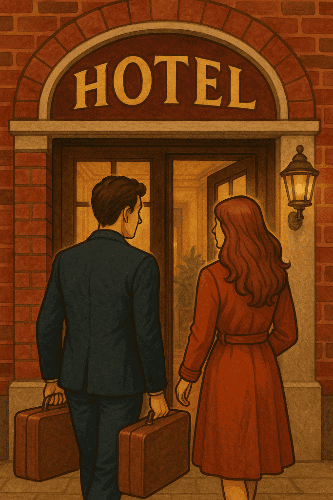 due persone davanti a un albergo pronte a consumare la quarta fase del tradimento: il consumarlo