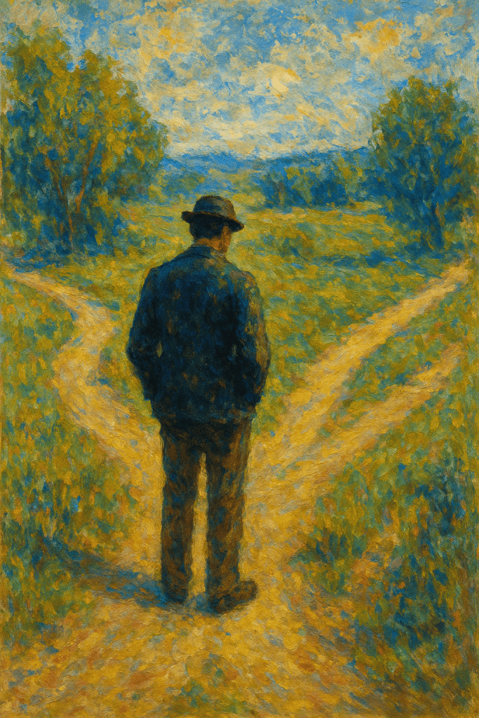 Uomo di spalle a un bivio in campagna. Simboleggia la scelta di un amante che abbandona.