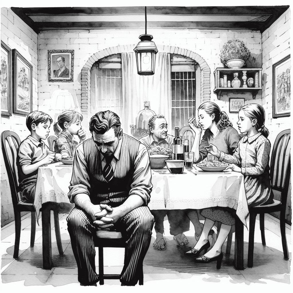 Uomo distratto a cena con i figli, guarda il telefono. Emozioni familiari complesse.
