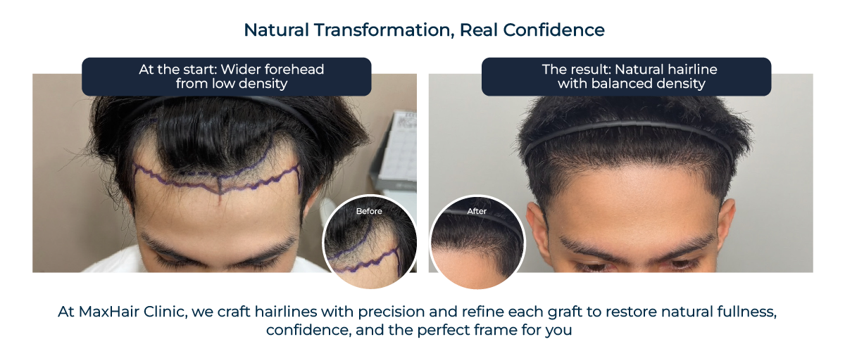 Before and after view of a real patient of Max Hair Clinic