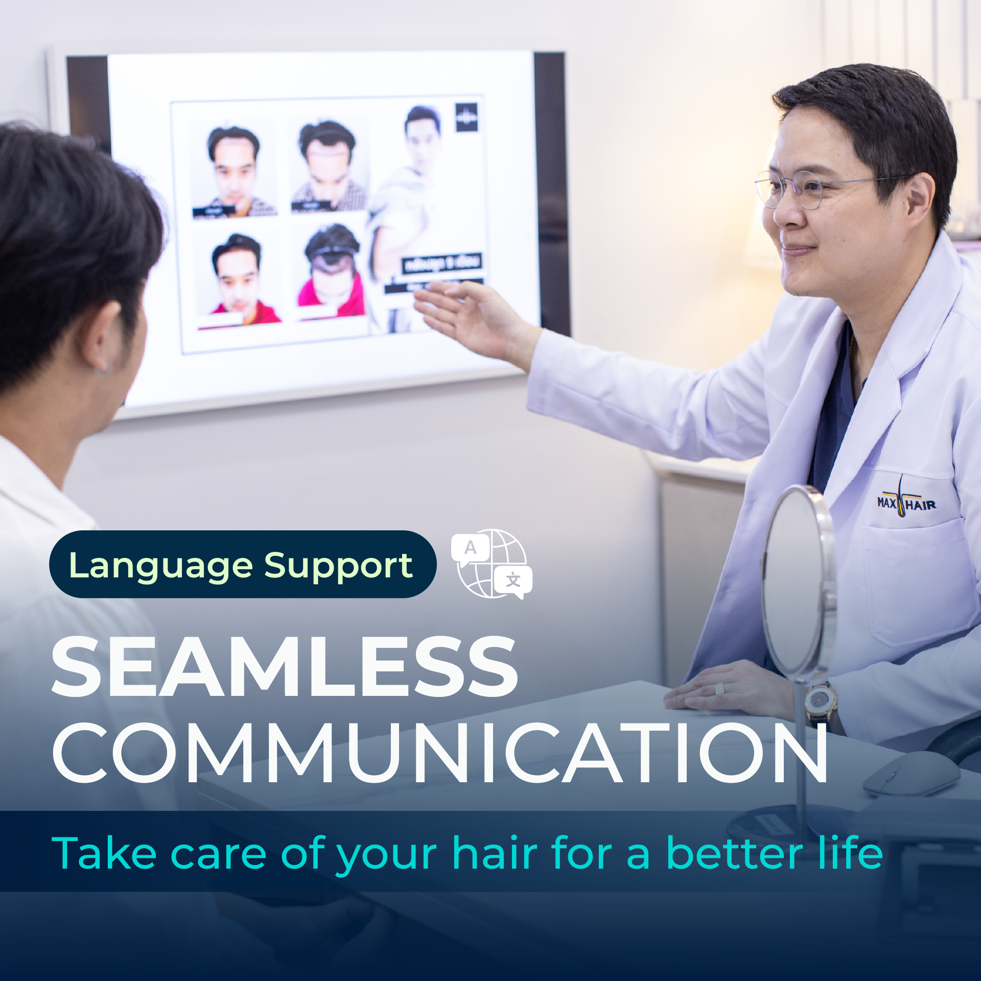 Doctor at Max Hair Clinic shows treatment options to a patient