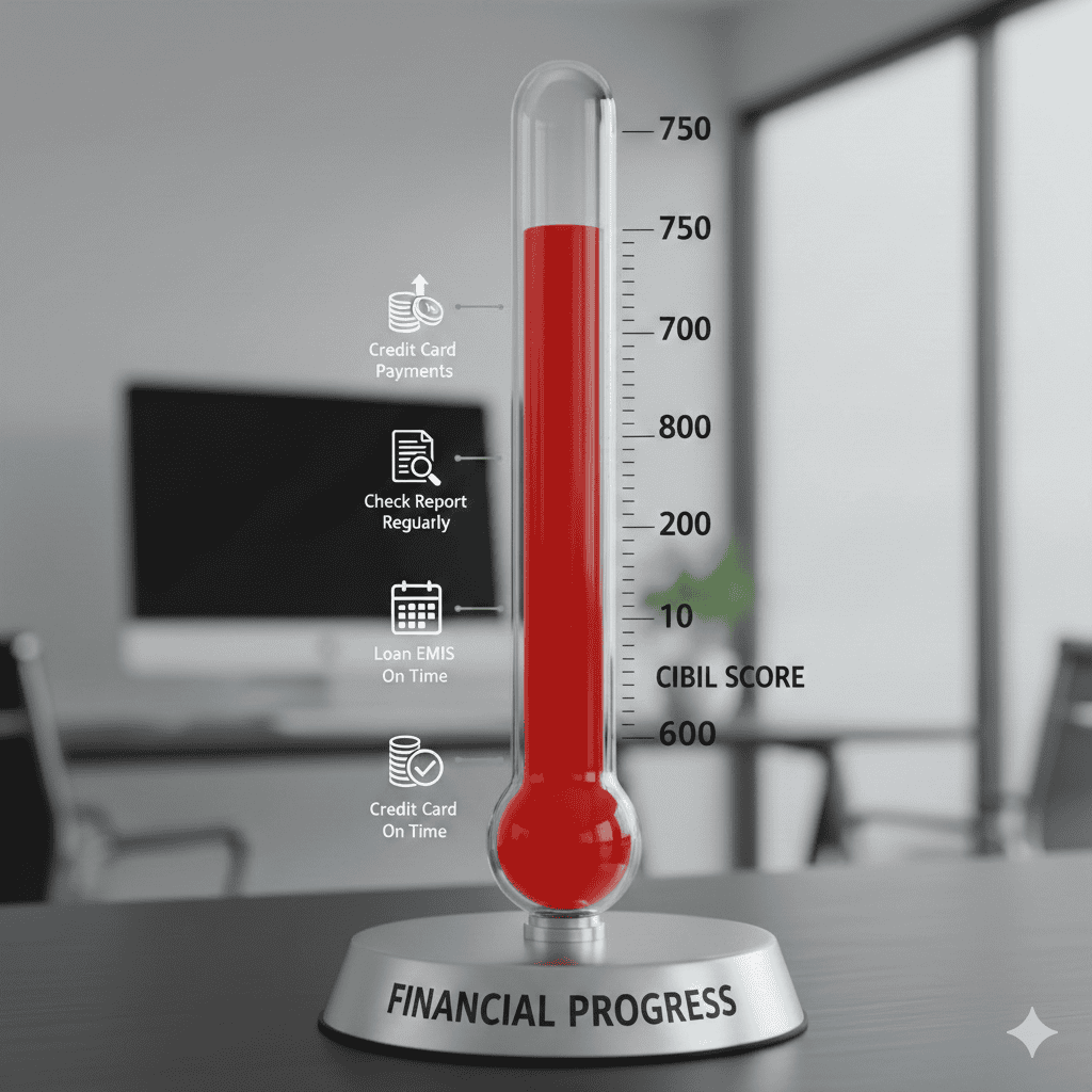 Image of a thermometer gauge showing financial progress, with icons indicating credit card payments, check reports, loan EMIs, and timely credit card payments.