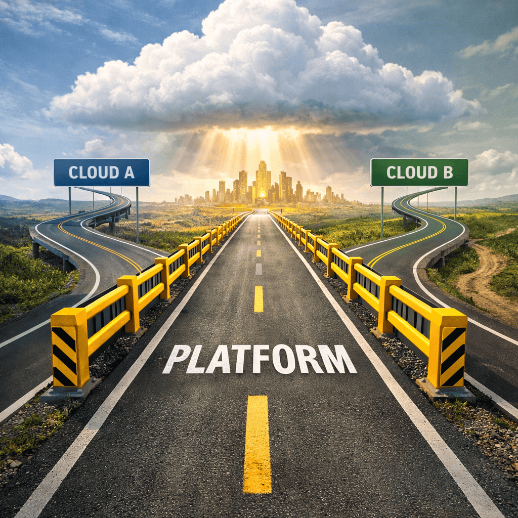 Platform-first cloud architecture showing paved roads with guardrails guiding teams toward scalable and secure cloud platforms