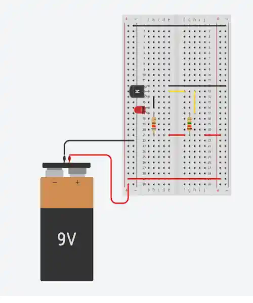 Diagrama del transistor NPN en zona activa con corriente de base y LED encendido