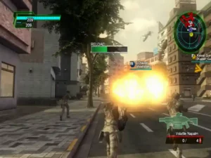Modo cooperativo online de Earth Defense Force 4 PS3 con varios jugadores enfrentando una invasión alienígena masiva