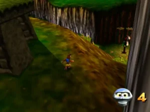 Captura del gameplay de Banjo Kazooie en Nintendo 64 mostrando a los personajes explorando un nivel colorido