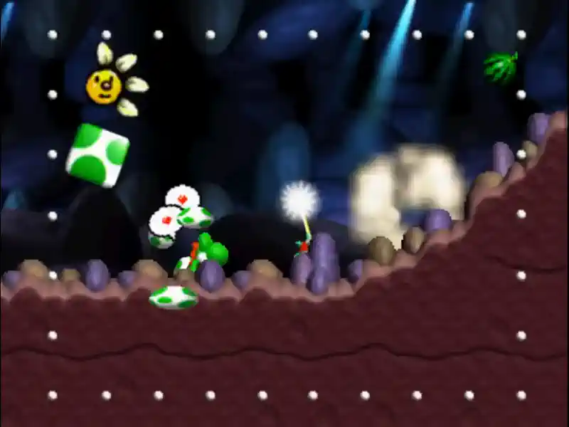 Captura de pantalla del gameplay de Yoshi Story mostrando niveles coloridos y al personaje Yoshi en acción