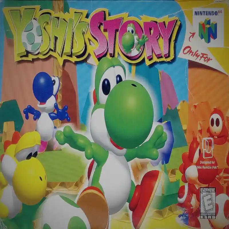 Portada original del juego Yoshi Story para Nintendo 64 con arte retro colorido y el personaje Yoshi