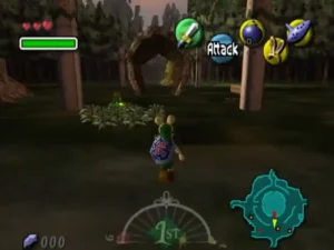 Captura de pantalla del gameplay de Zelda Majora’s Mask mostrando a Link en el mundo de Termina en Nintendo 64