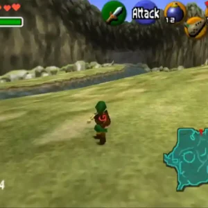 Gameplay de Zelda Ocarina of Time mostrando a Link explorando el mundo de Hyrule en Nintendo 64