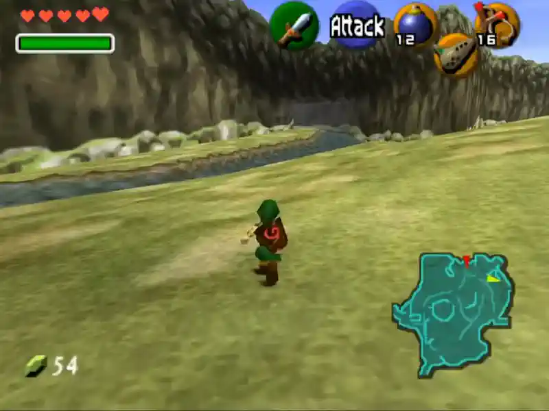 Gameplay de Zelda Ocarina of Time mostrando a Link explorando el mundo de Hyrule en Nintendo 64