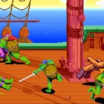 Sneaky Teenage Mutant Ninja Turtles Battle on a Pirate Ship Deck - Retro Pixel Art Style.