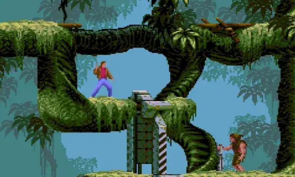 Climbing a lush jungle tree in a classic platformer game for adventure lovers.