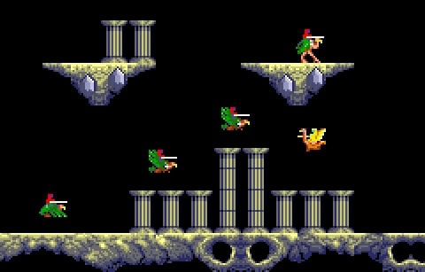 Classic platformer game featuring pixelated characters and floating platforms.