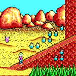 Exploring colorful retro platformer game with vibrant landscapes and pixel art.