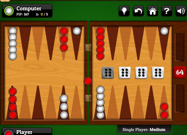 Red and white checkers game on a wooden backgammon board.