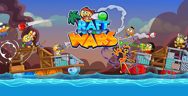 Colorful cartoon pirate ships battle in a fun, animated Raft Wars game scene.