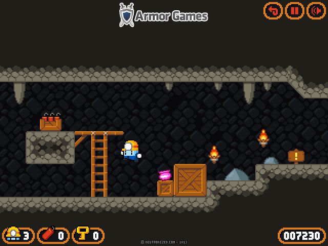 1. Character mining for treasures in a pixelated underground cave.