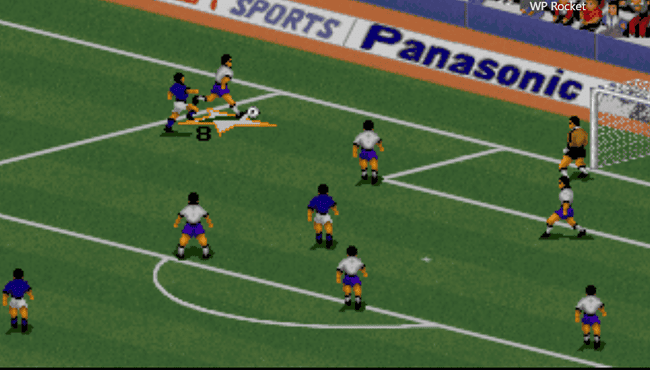 Goalkeeping save in classic pixel art football video game.