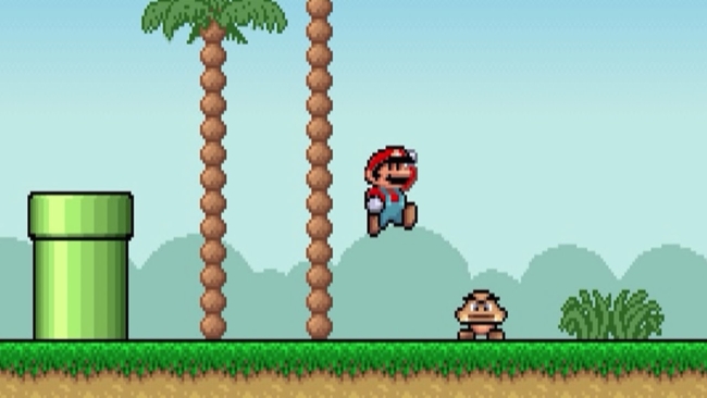 Super Mario Bros pixel art game scene with Mario jumping over a Goomba.