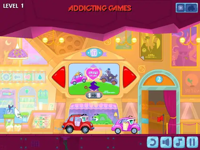 Cute colorful cartoon cars on a racing game screen, vibrant gaming scene from Adding Games.