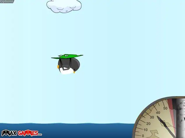 Penguin flying with parachute in the sky from Mini Games.