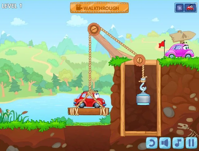 Red car with eyes hanging on a swing in a colorful cartoon game environment.