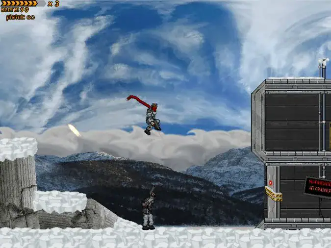 Robo Jumping Over Industrial Structure in a Pixel Art Sky Scene.