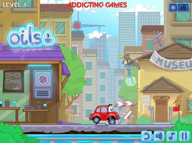 Addictive mobile game with colorful car and cityscape background.