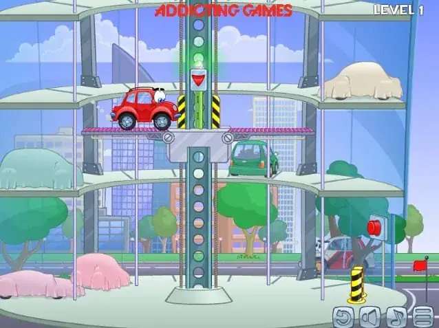 1. Red cartoon car at parking lot high-rise with city view, addictive car parking game.