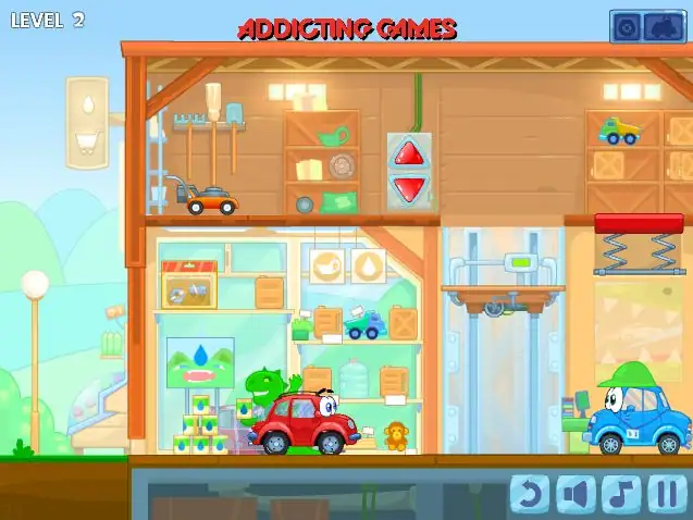 Bright cartoon garage with toy cars, stuffed bear, and playful equipment for kids.