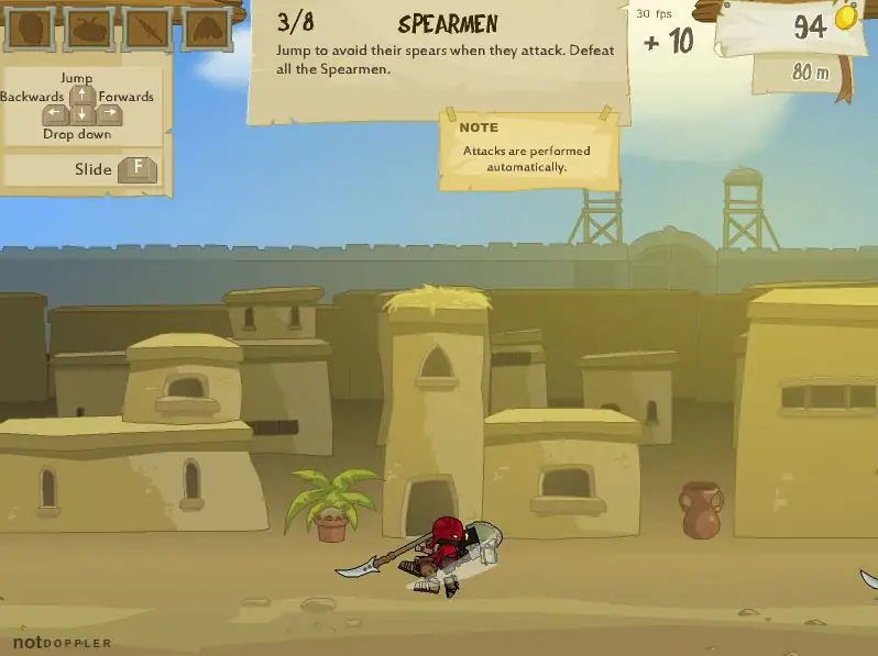 Jumping to avoid spears in a medieval-themed game scene.