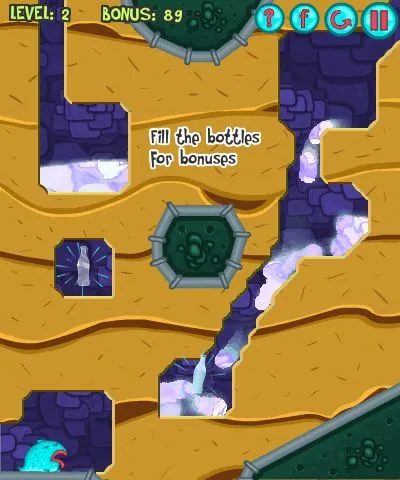 Colorful water-themed puzzle game scene with bottles and bonuses.