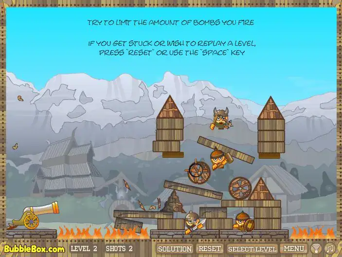 Explosive warfare game with Viking characters destroying structures.
