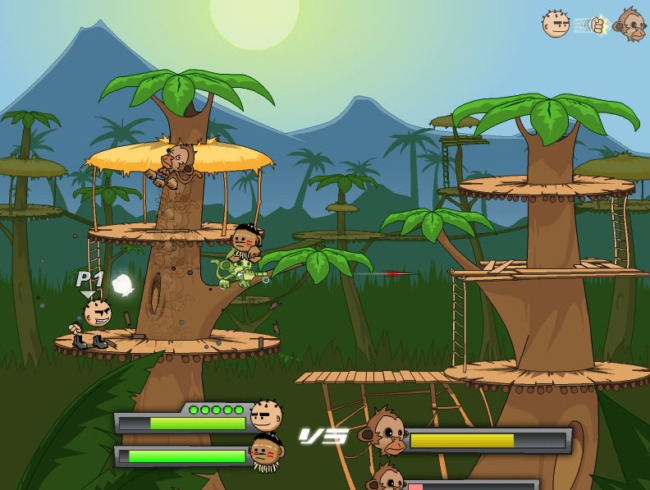 Colorful jungle treehouse game with fighting characters and action elements.