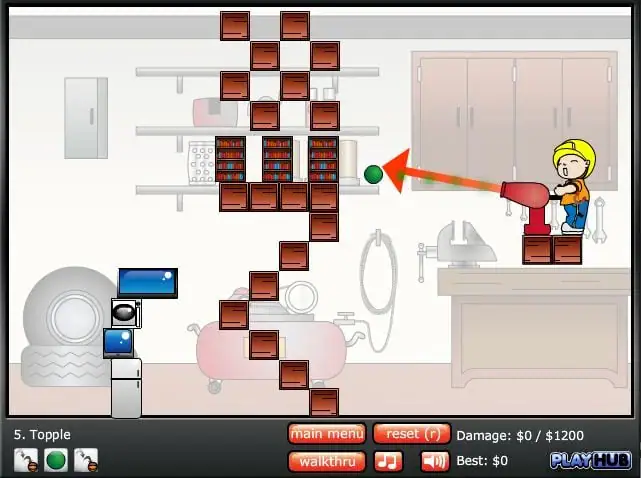 Colorful indoor game scene with a character shooting a cannon to hit a green ball, set in a playful, household environment.