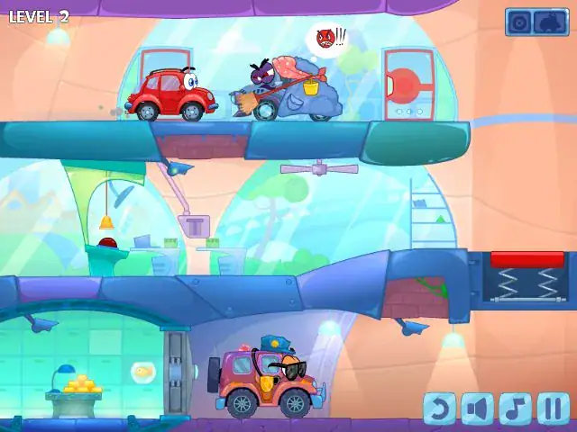 Cute cartoon car rescue game scene with angry cat blocking the road.