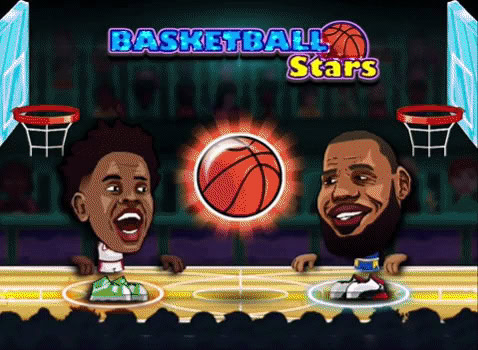 Bright basketball game featuring animated characters playing in a lively arena.