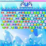 Colorful bubble shooter game with icy background and vibrant bubbles.