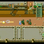 Dual arcade shooter gameplay with pixel art graphics and retro style.