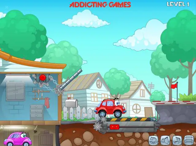 Red cartoon car jumping over a ramp in a colorful, playful game scene.