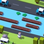 Colorful pixelated chicken crossing game with floating platforms on a river.