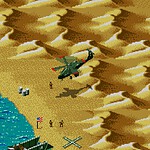 Fighter jet flying over desert landscape near ocean during daytime.