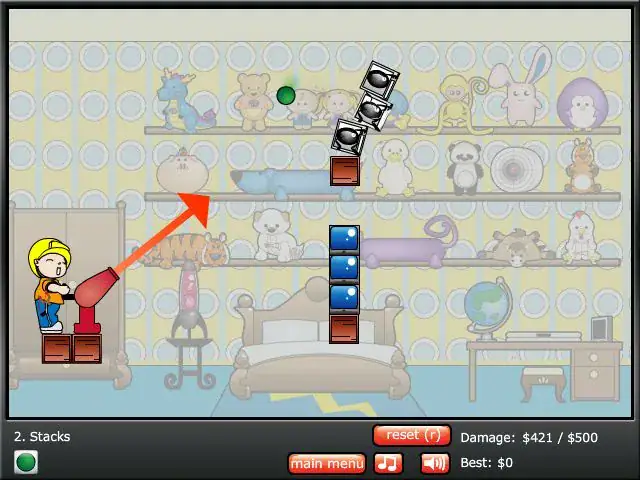 Colorful cartoon-style game with stacked blocks and a character aiming with a cannon.