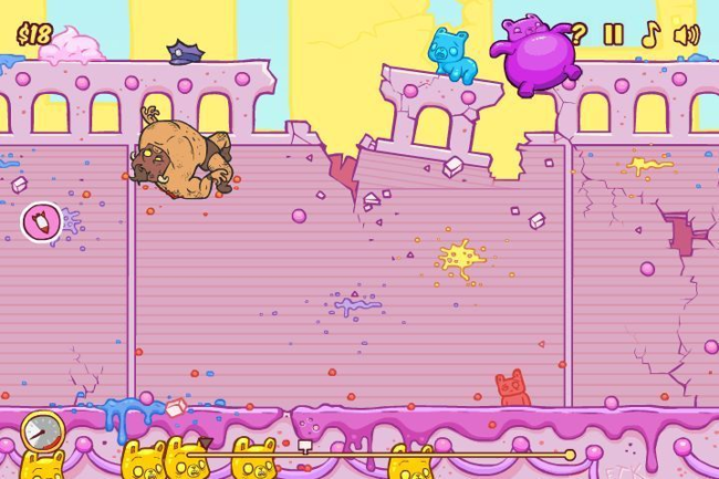 Dog throwing projectile at cats in a colorful cartoon castle game.