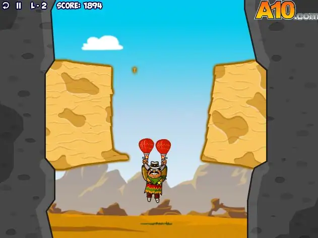 Colorful Cartoon Climber with Hot Air Balloons and Rocky Cliffs.