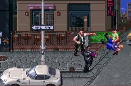 Fighting street scene with characters on sidewalk, pixel art, urban environment, and street sign.